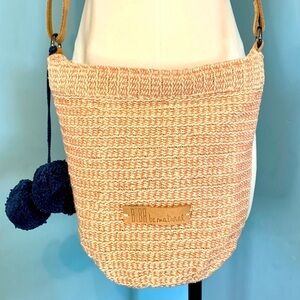 BIba Be Natural Cotton crossbody bucket handbag with navy blue pom poms